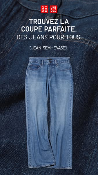 This ad for Uniqlo features a pair of semi-flared jeans set against a denim background to highlight the fit and style of