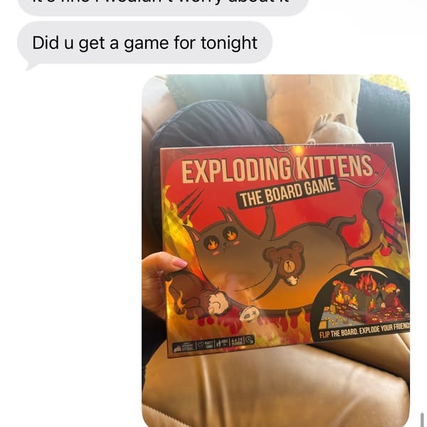 This ad features a screenshot of a text conversation that is advertising the board game, Exploding Kittens.