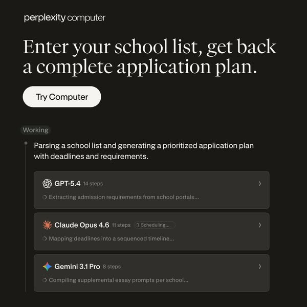 The ad showcases how Perplexity Computer can create a complete application plan based on a user's school list by ext
