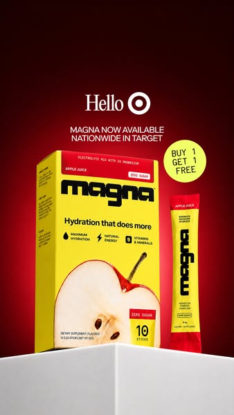 This ad showcases Magna, a zero sugar electrolyte mix with 2x magnesium, promoting its availability nationwide in Target