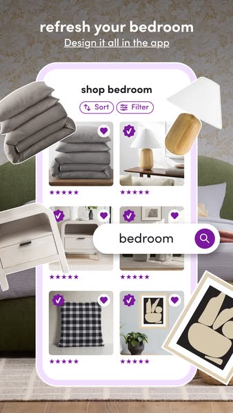 This ad promotes an app that allows users to shop for bedroom decor. The ad features a mockup of the app interface, show