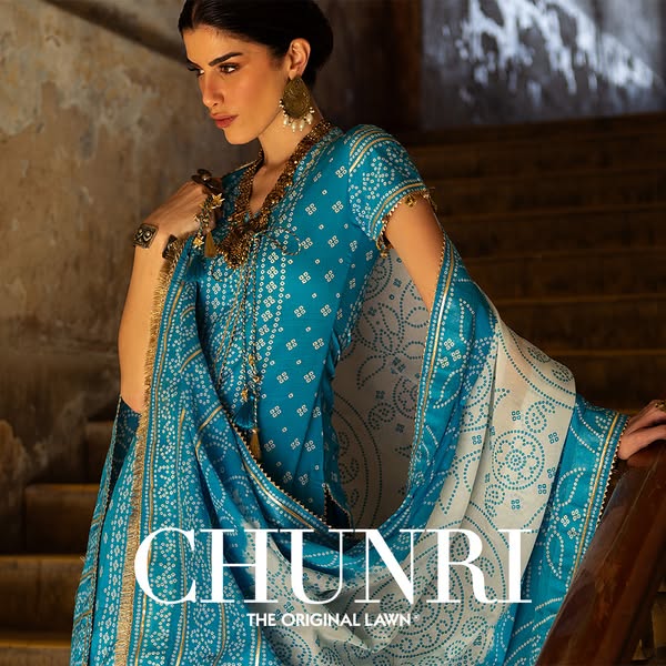 This ad showcases the Chunri brand and its original lawn product. The ad features a model wearing a blue and white print