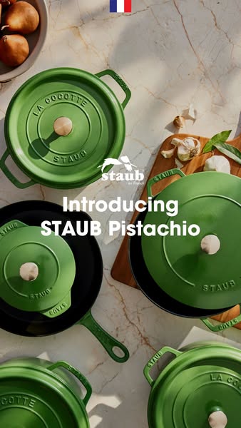 This ad introduces the new STAUB Pistachio cookware collection through a visually appealing arrangement of the products,