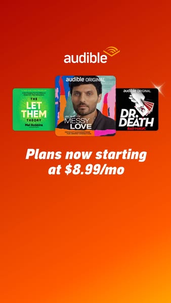 This image ad promotes Audible with a focus on their monthly subscription plans. It features three audiobook covers, inc