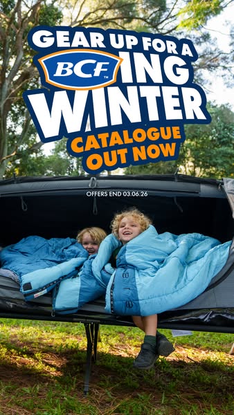 This ad for BCF promotes their winter catalog with an image of two children in sleeping bags. The ad encourages viewers 