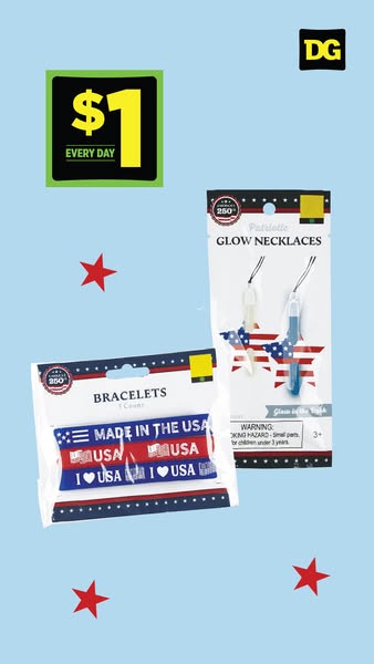 The ad shows two patriotic accessories: bracelets and necklaces, with the Dollar General logo. Both accessories are pric