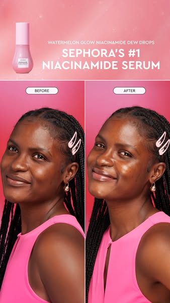 This ad showcases the Watermelon Glow Niacinamide Dew Drops by Glow Recipe. It features a before and after shot of a wom