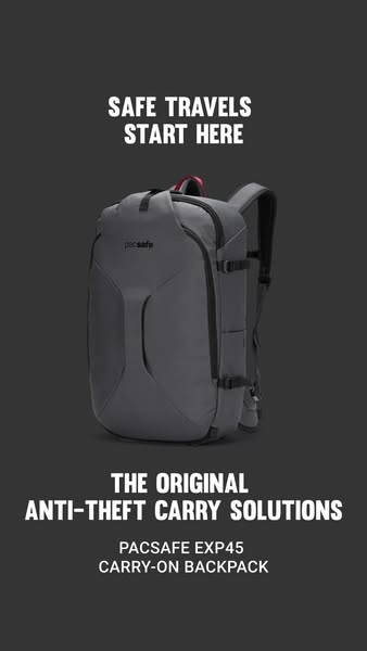 This image ad showcases the Pacsafe EXP45 Carry-on Backpack, emphasizing its anti-theft features and suitability for tra