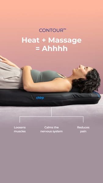 This image ad showcases the Chirp Contour, emphasizing its heat and massage features. A woman is shown relaxing on the d