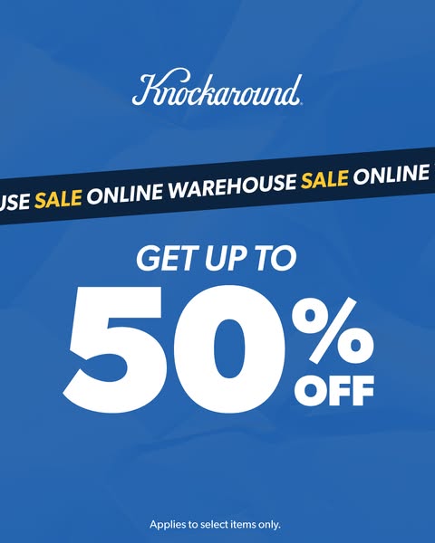 This is an image ad for Knockaround, advertising an online warehouse sale with savings of up to 50% off.