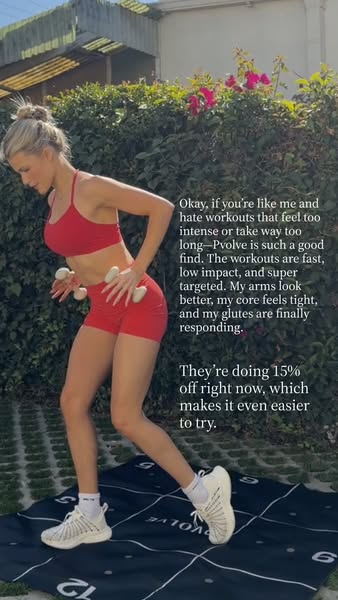 A woman shares her testimonial for Pvolve, noting that the workouts are fast, low impact, and targeted. She also highlig