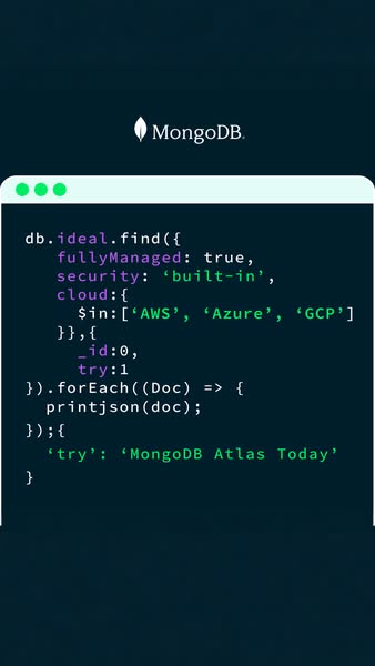 This MongoDB ad uses an image of code on a rounded, rectangular block to present the company and its services. The code