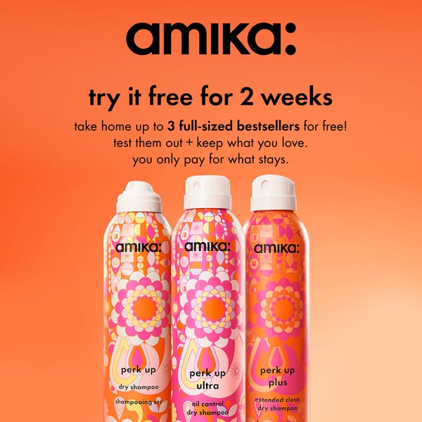 This ad promotes Amika dry shampoo by offering a free 2-week trial of up to three full-size bestsellers, allowing custom