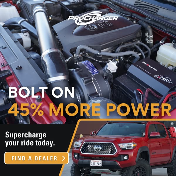 An advertisement for a bolt-on supercharger that increases vehicle power by 45%.