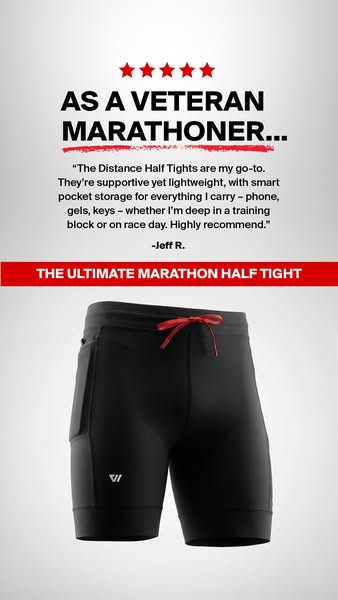 An ad for Distance Half Tights featuring a quote from a marathoner about the product's lightweight design and pocket