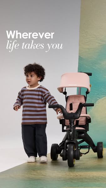 This image ad features a young child next to a Doona Liki Trike. The ad emphasizes the product’s potential for adventure