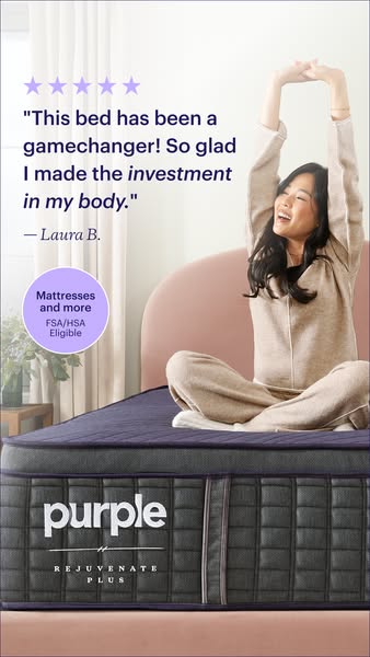 This ad features a testimonial from a customer who claims the Purple Rejuvenate Plus mattress has been a "gamechang