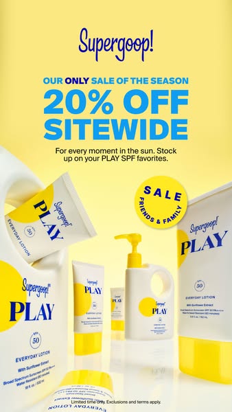 This image ad promotes Supergoop! and their PLAY sunscreen line, highlighting a 20% off sitewide sale. Several PLAY prod