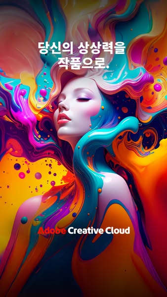 This ad for Adobe Creative Cloud features a woman with colorful paint-like hair and body, with the headline 'Turn yo