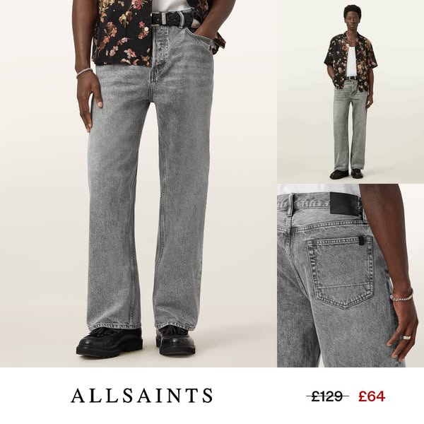 This ad features a collage of images showcasing Allsaints gray jeans on a model. The ad highlights a sale price.