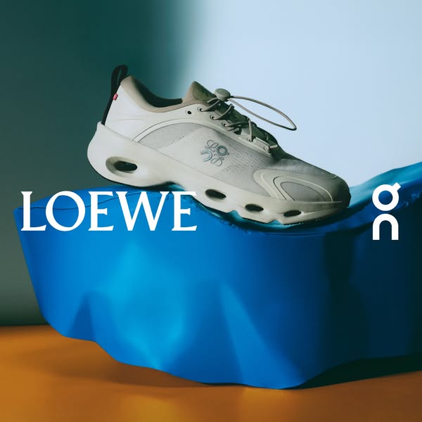 This ad showcases a stylish collaboration between the brands Loewe and On, presenting a sneaker with a focus on elevated