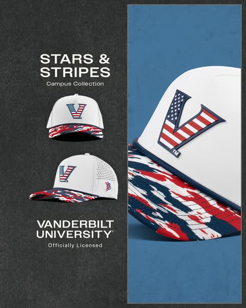 This ad showcases hats from the Stars & Stripes Campus Collection from Vanderbilt University, which are officially l