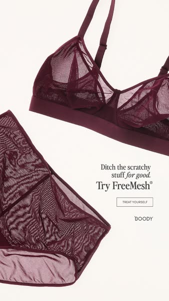 This ad for Boody promotes their FreeMesh lingerie set as an alternative to scratchy materials. The ad features a minima