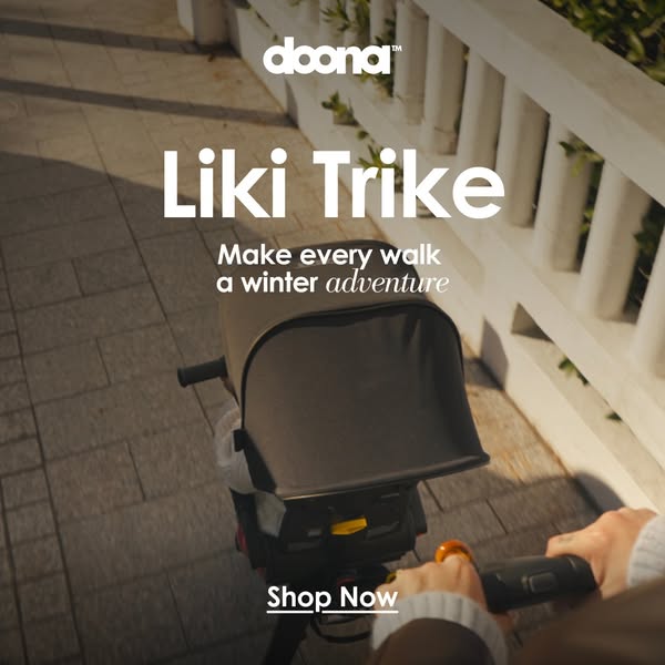 This ad promotes the Doona Liki Trike, emphasizing its ability to make winter walks adventurous. The ad features a close