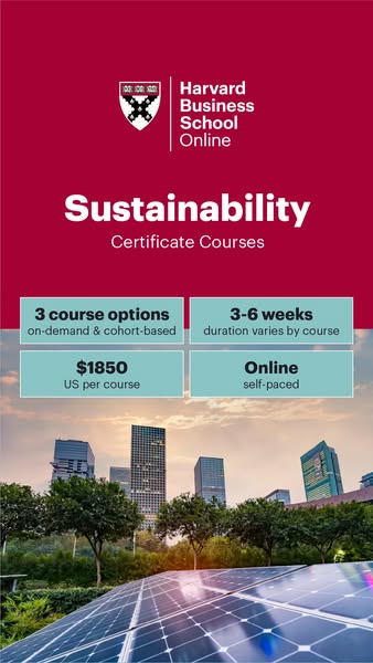 This image ad promotes Harvard Business School Online's sustainability certificate courses, highlighting key feature
