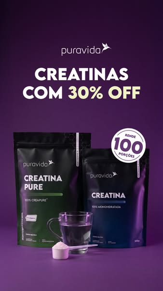This image ad by Puravida promotes creatine supplements, highlighting a 30% discount and emphasizing the number of servi