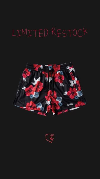 This ad showcases a pair of floral-print athletic shorts from the brand KILL CREW. The headline states that they are a l
