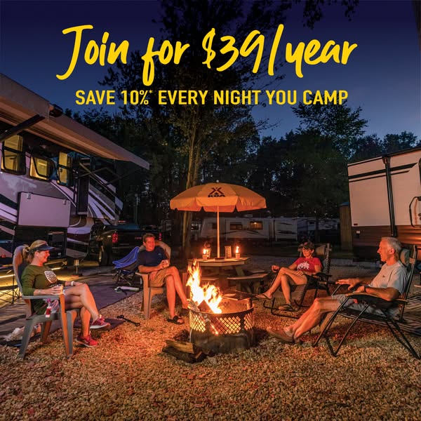 This image ad uses a photo of a group of people relaxing around a campfire next to their RVs. The ad headline promotes a