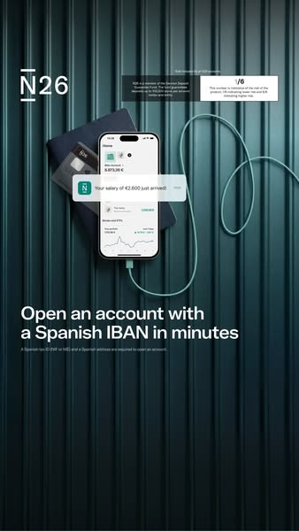 This ad promotes N26, highlighting the ease of opening a Spanish IBAN account in minutes. The ad uses a product demo sho