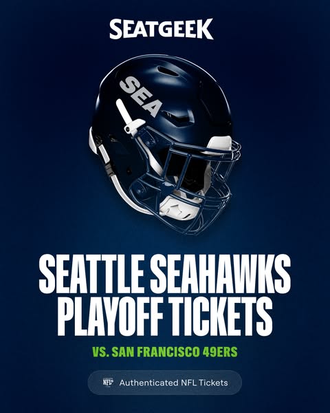 This ad promotes SeatGeek as the platform to buy tickets to see the Seattle Seahawks play the San Francisco 49ers in the