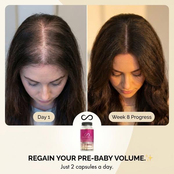 This ad for Hairfinity features a split before and after image of a woman's hair, promoting hair growth and volume r
