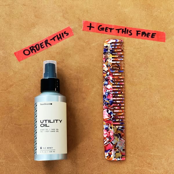 This ad showcases Beardbrand's Utility Oil alongside a free comb offer. The visual style is simple and direct, with 