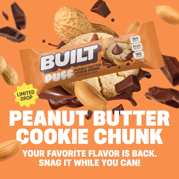 This image ad promotes Built Puff's Peanut Butter Cookie Chunk protein bar as a limited time flavor return. It highl