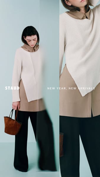 This ad showcases new arrivals from the brand Staud, featuring a woman wearing a cream-colored sweater, tan collared shi
