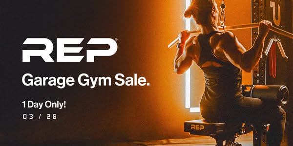 This image ad promotes a one-day garage gym sale by REP Fitness. The ad shows a woman using REP Fitness equipment, highl