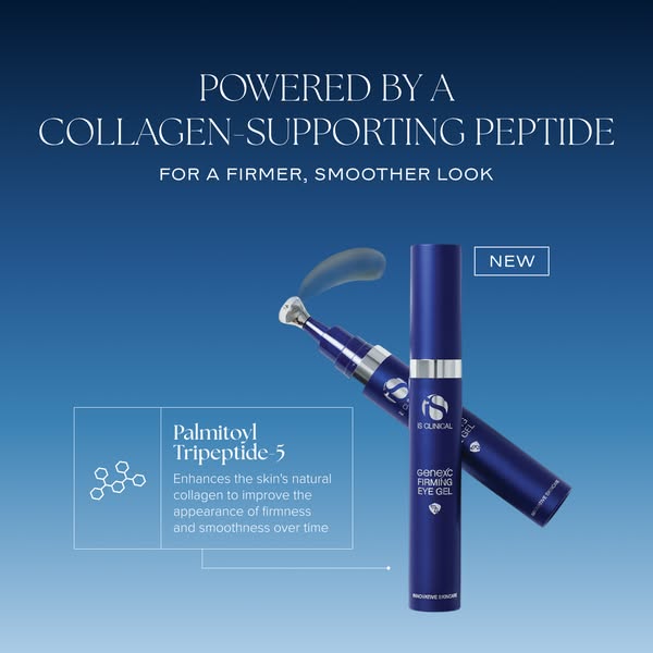 This image ad for IS Clinical Genexc Firming Eye Gel highlights the key ingredient of collagen-supporting peptide to giv