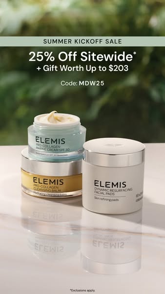 This ad showcases Elemis skincare products with a focus on a summer kickoff sale, offering a 25% discount sitewide and a
