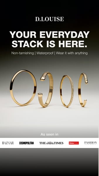 This image ad for D.Louise jewelry features four gold bracelets and lists the features of being non-tarnishing, waterpro