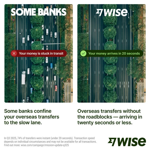This ad uses a split-screen comparison to highlight Wise's faster international money transfer speeds compared to tr