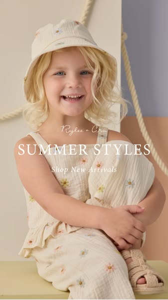 This ad promotes Rylee + Cru summer styles, showcasing a young girl wearing a matching outfit and hat, with a call to ac