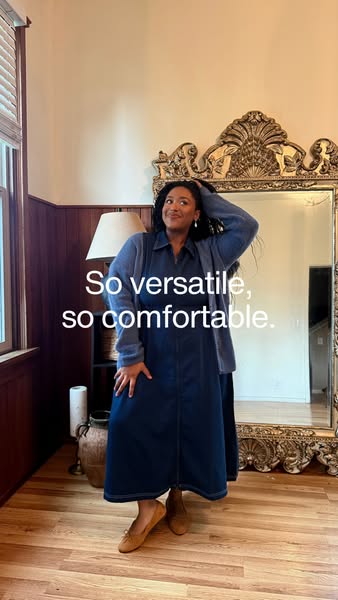 A woman showcases a versatile dress that she deems very comfortable.