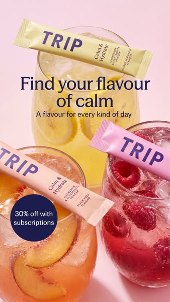 This ad for TRIP drinks promotes their Calm & Hydrate magnesium and electrolyte powder, highlighting the different f