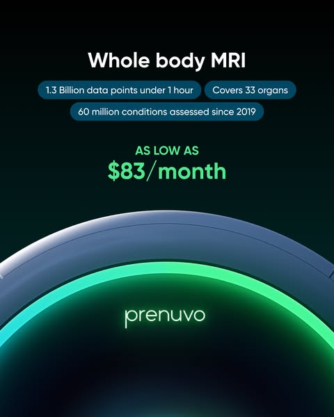 This ad is for Prenuvo. The ad provides details about the MRI such as the amount of data points it processes and the num