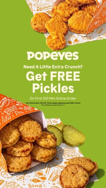 This Popeyes ad promotes their chicken nuggets and offers free pickles on online orders over $10. It uses bright colors 