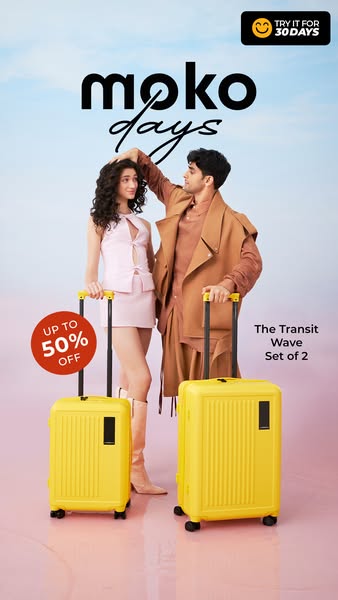 This image ad for Moko Days luggage features a stylishly dressed couple standing behind two yellow suitcases. The ad hig