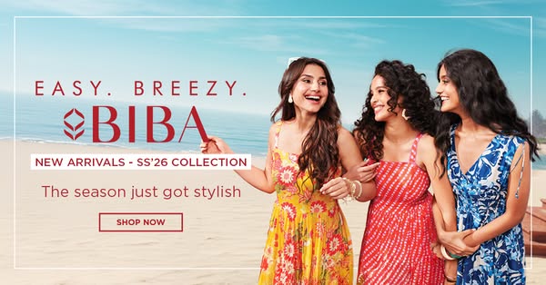 This ad for BIBA clothing features three women standing on a beach, wearing dresses from BIBA's SS'26 collection